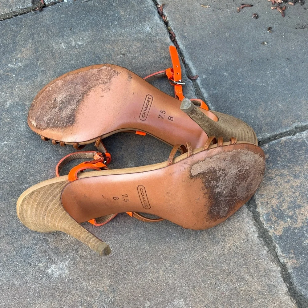 Coach Women's Lana Leather Tan and Orange Strappy Heels‎